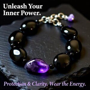 Amethyst & Black Agate Bracelet! Adj. 6 -7.5" ~ Tranquility Calm Stress Relief
